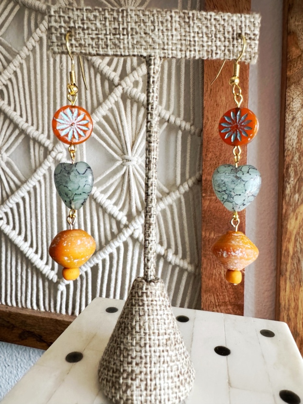 Boho Artisan Beaded Dangle Earrings - Czech Glass Heart & Flower - Orange & Teal